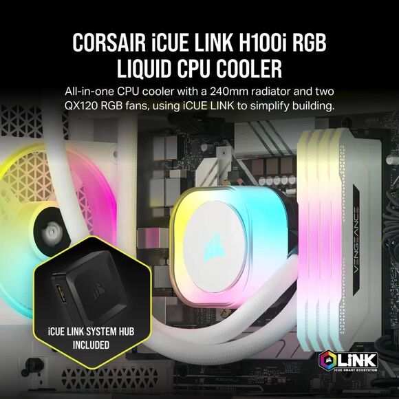 CORSAIR iCUE LINK H100i RGB White 240mm Liquid CPU Cooler w/ QX120 Fans - Picture 2 of 8